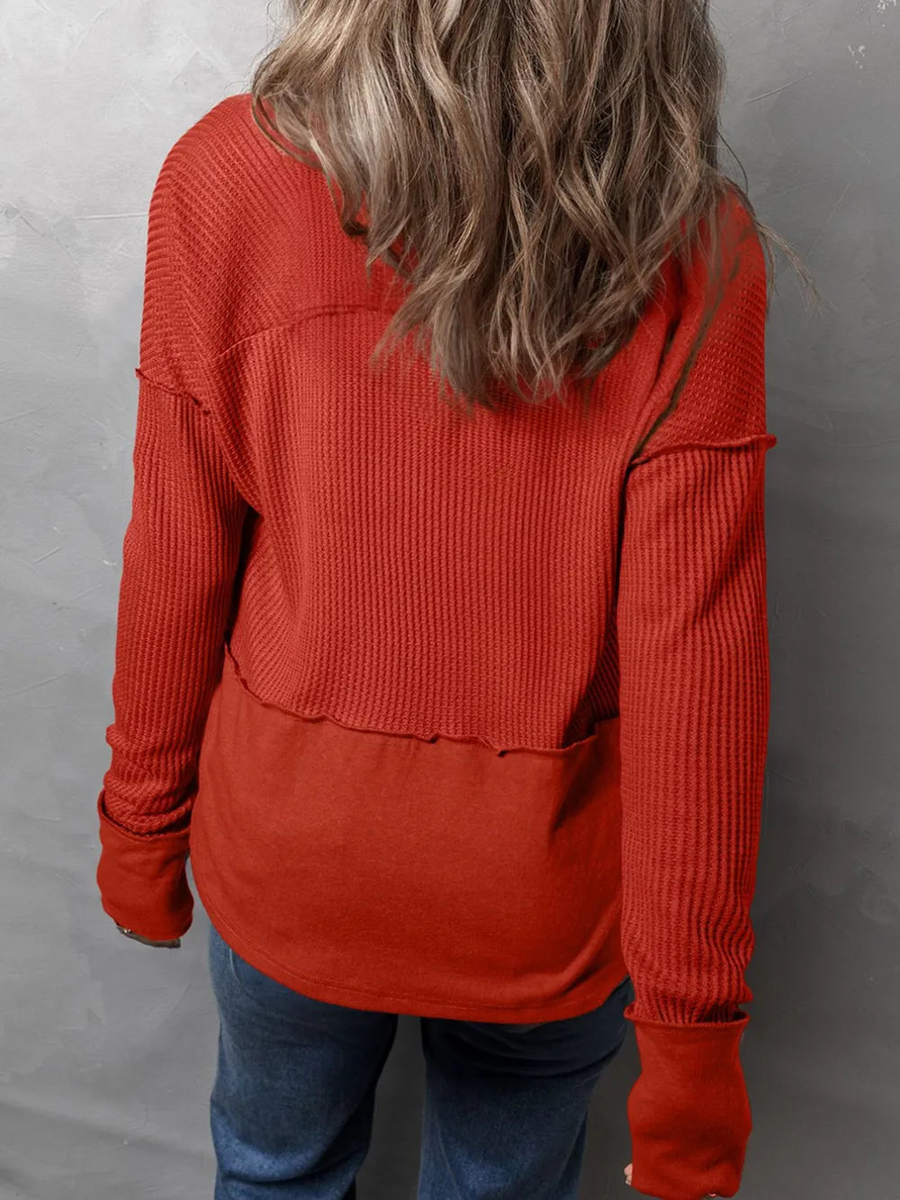 Waffle-Knit Notched Long Sleeve T-Shirt - V.I.P Digital Presence