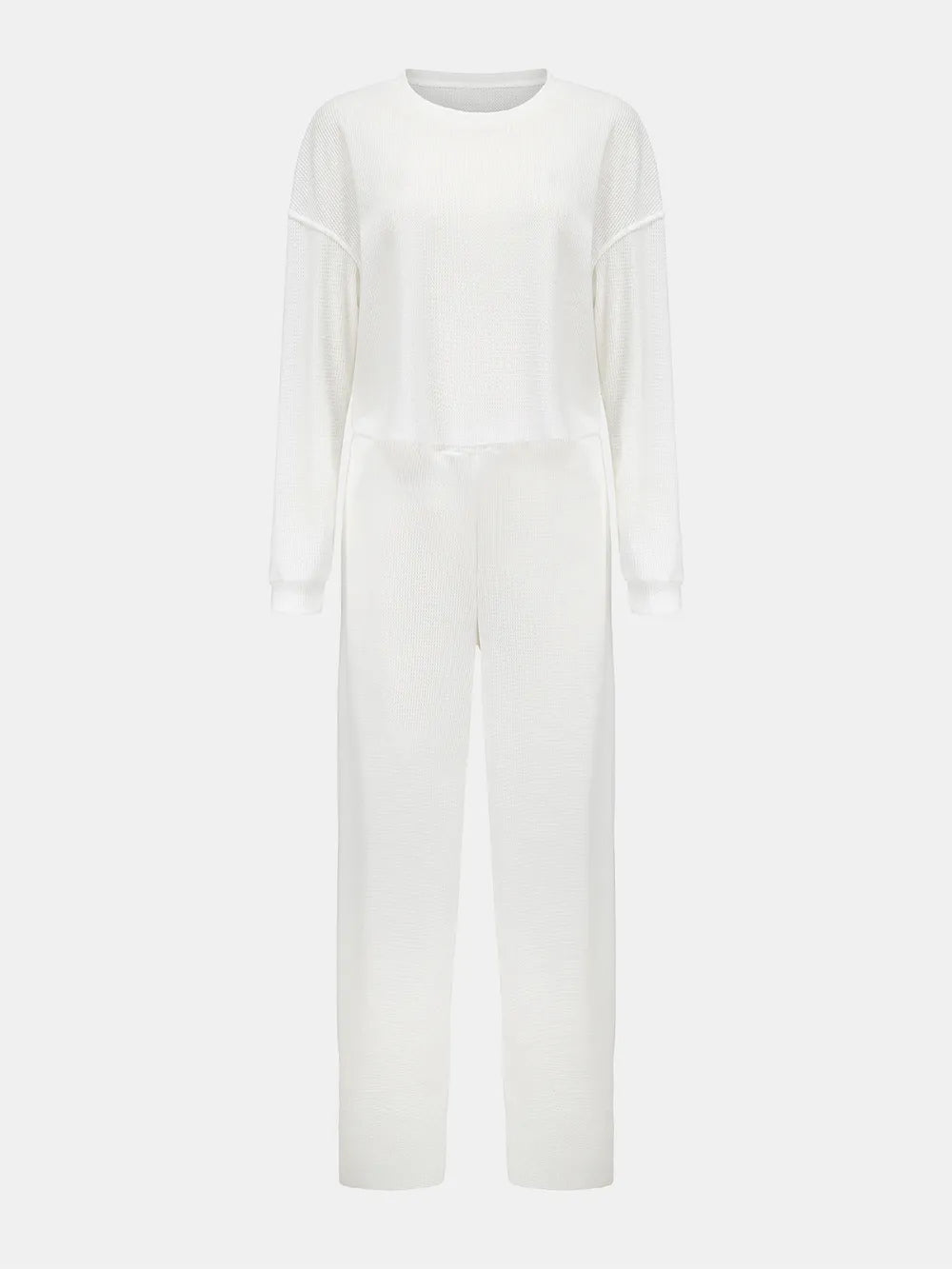 Waffle-Knit Round Neck Top and Pants Set - V.I.P Digital Presence
