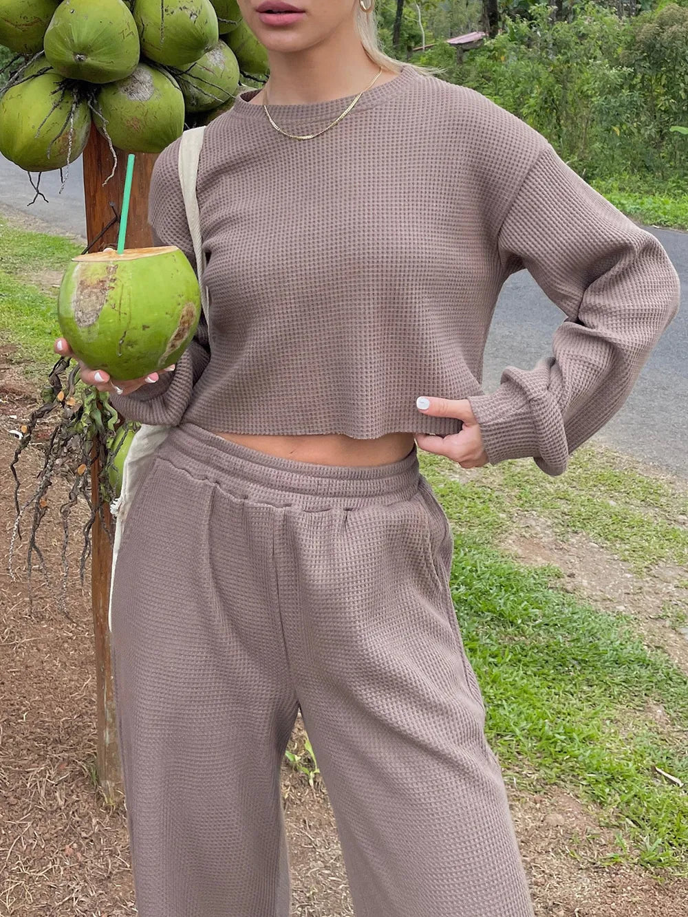 Waffle-Knit Round Neck Top and Pants Set - V.I.P Digital Presence