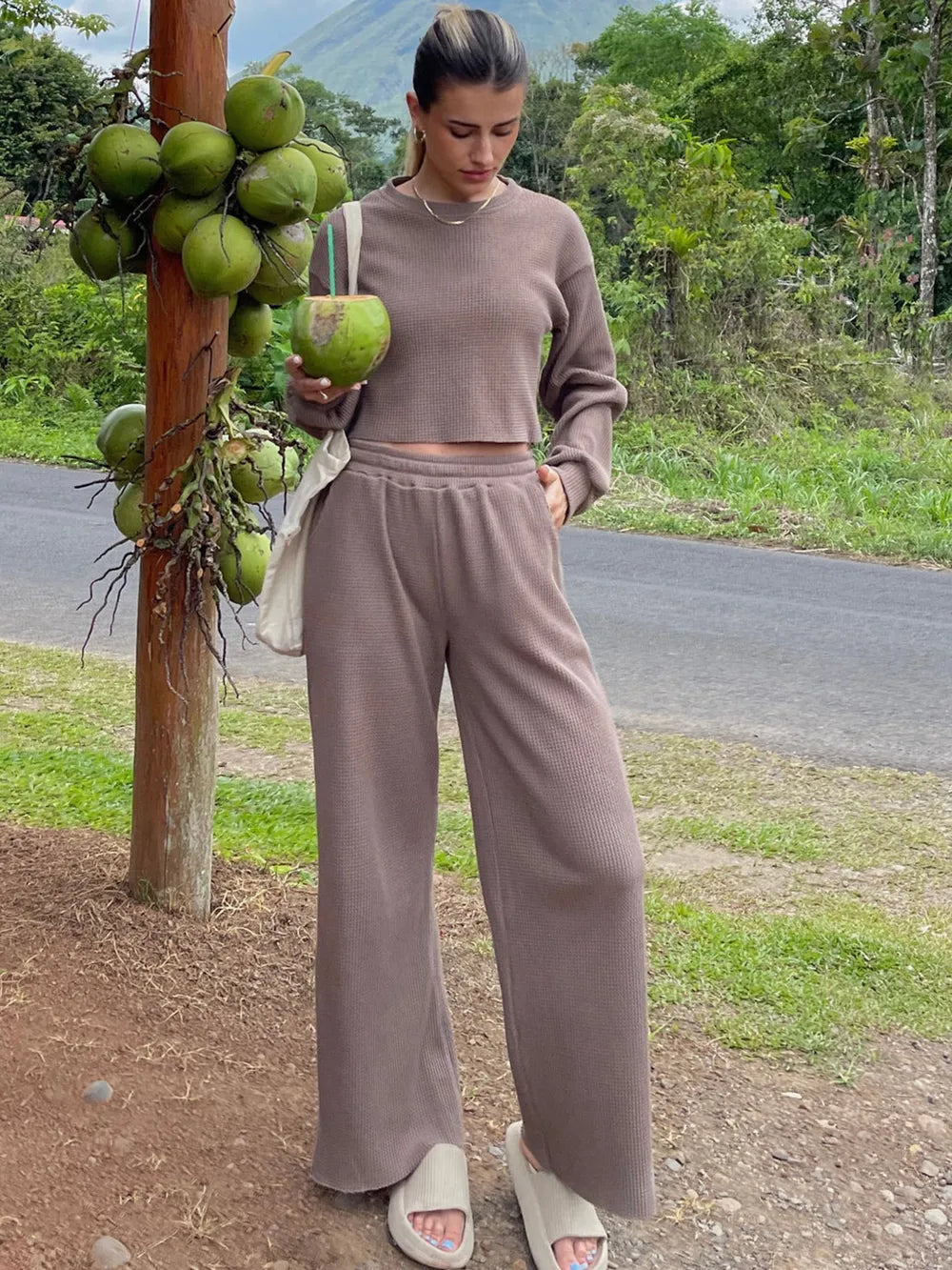 Waffle-Knit Round Neck Top and Pants Set - V.I.P Digital Presence