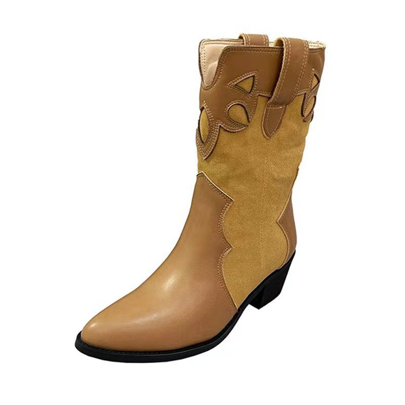 Western Cowboy Boots Summer Thin Women's Korean Fashion Splicing Pointed Retro Look Skinny Thick Heel Mid heeled Short Boots - V.I.P Digital Presence
