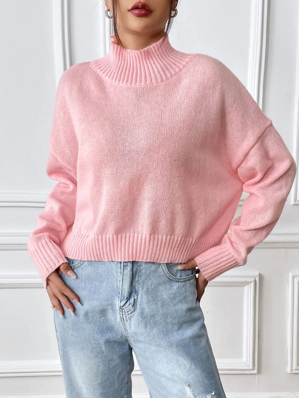 Women's autumn and winter high neck pullover sweater solid color loose casual base sweater - V.I.P Digital Presence