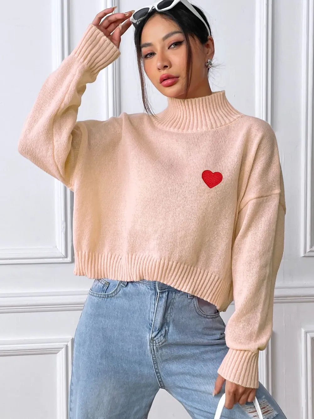 Women's high neck pullover sweater loose heart sticker casual base sweater - V.I.P Digital Presence