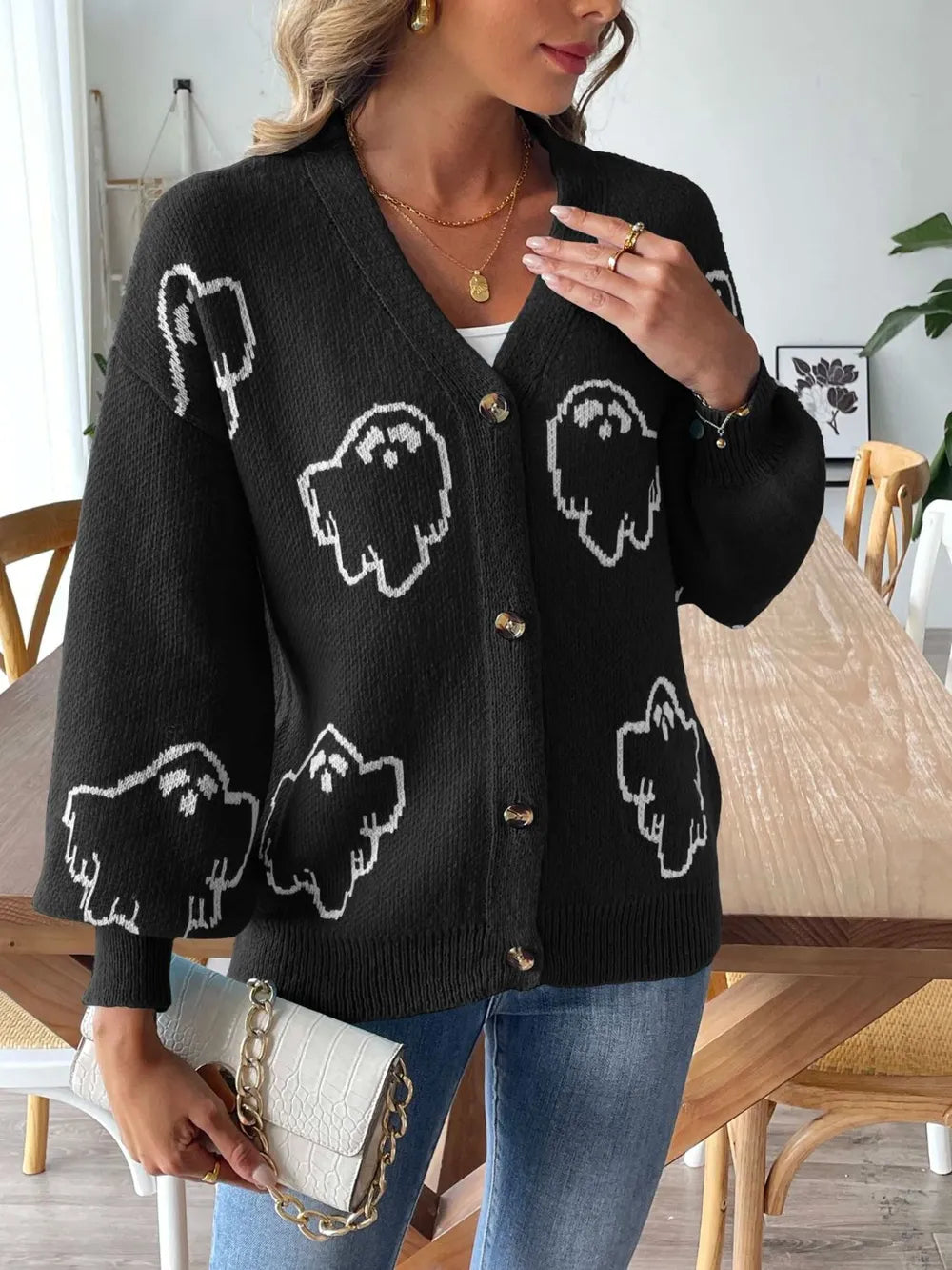 Women's loose casual button sweater cartoon jacquard cardigan for women - V.I.P Digital Presence
