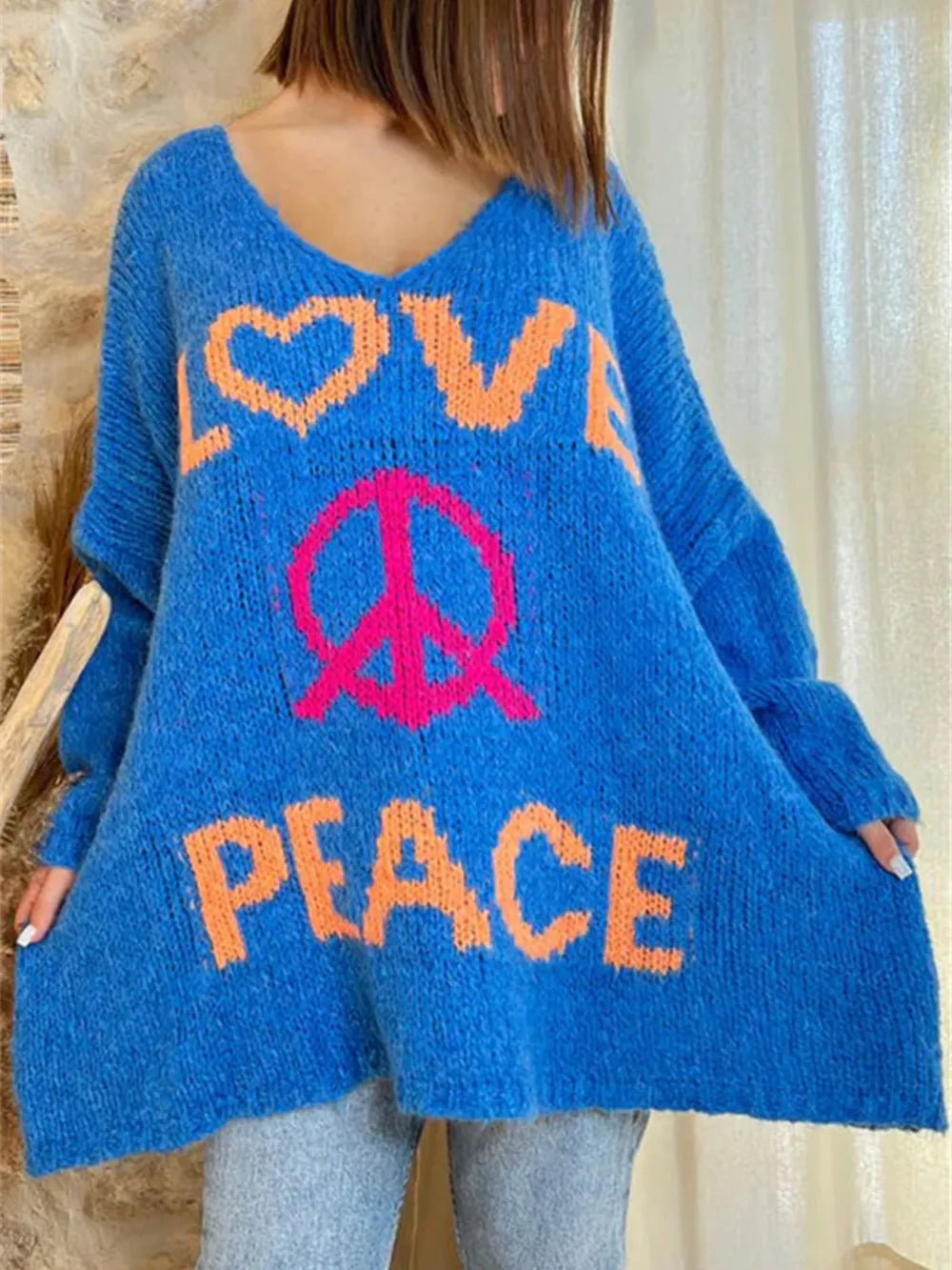 Women's V-neck letter loose and lazy knitted sweater - V.I.P Digital Presence