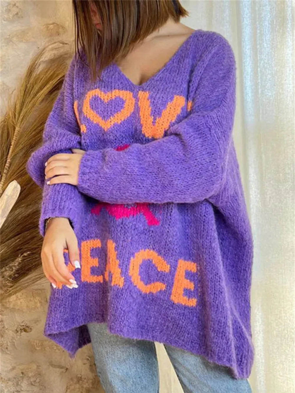 Women's V-neck letter loose and lazy knitted sweater - V.I.P Digital Presence