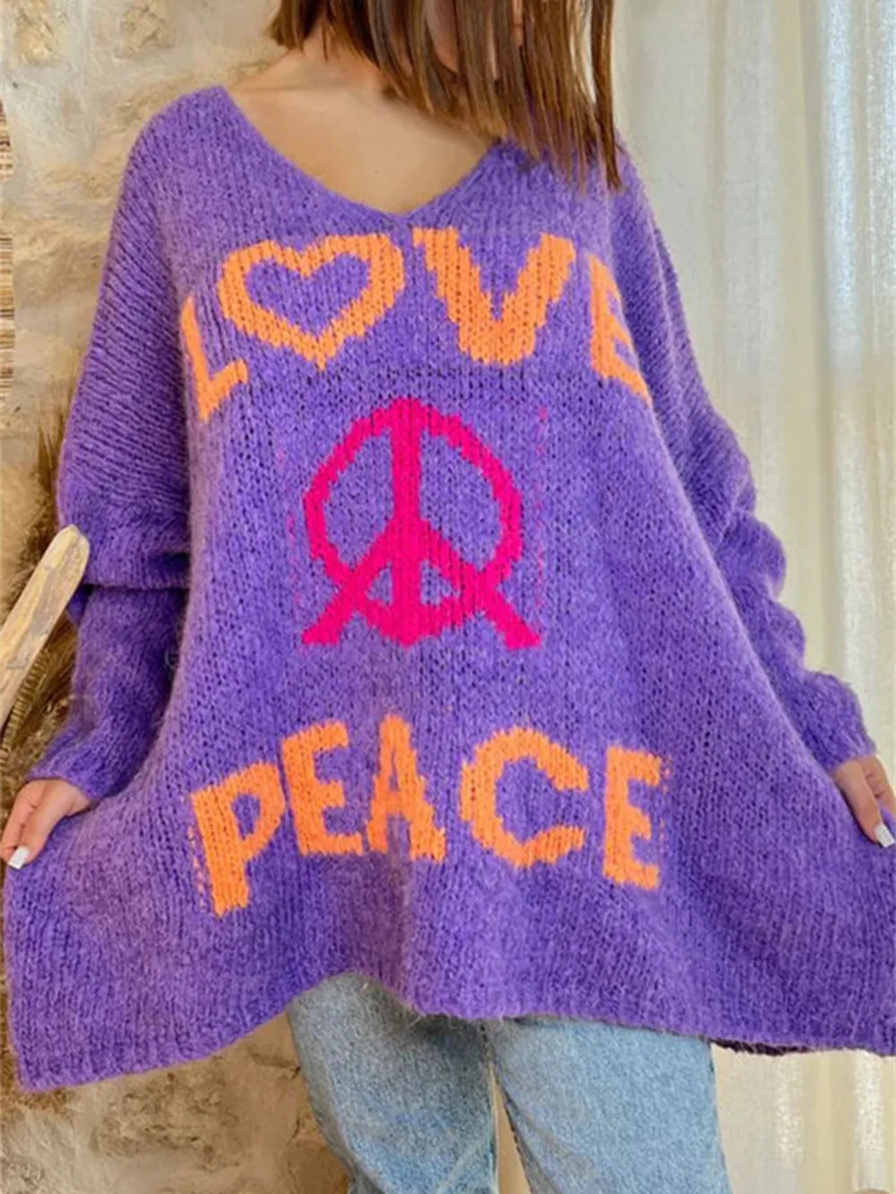 Women's V-neck letter loose and lazy knitted sweater - V.I.P Digital Presence