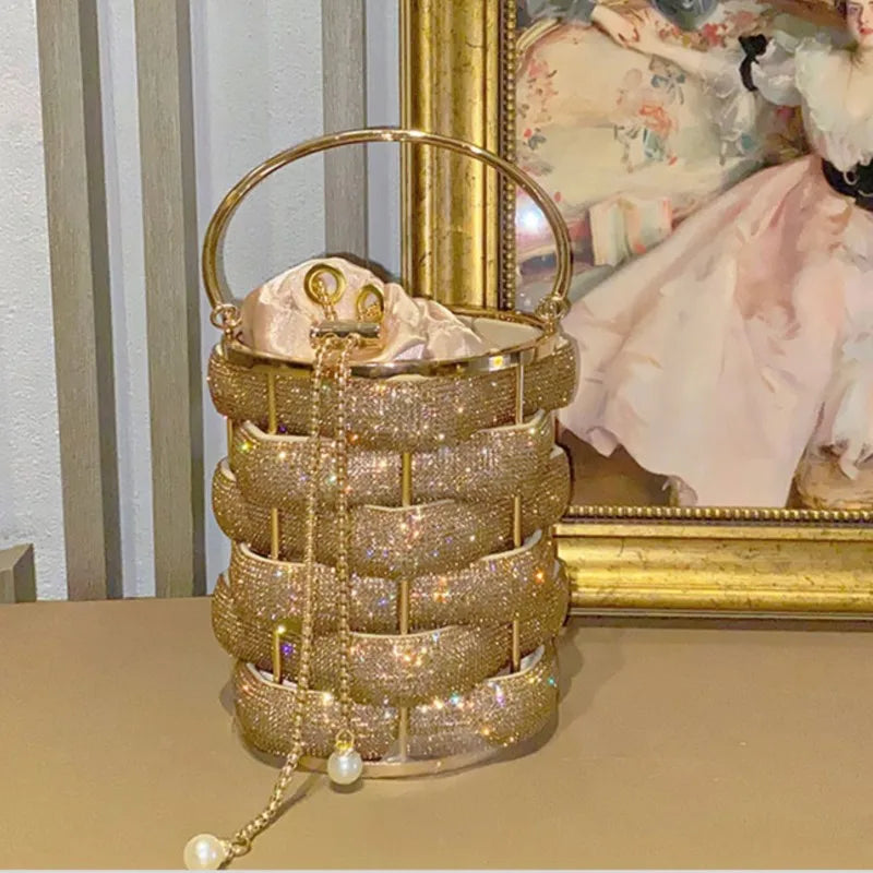 Woven Rhinestone Bucket Bag Woven Clutch Bags Women Boutique Multicolor Crystal Hollow Out Metal Purses And Handbags Wedding - V.I.P Digital Presence