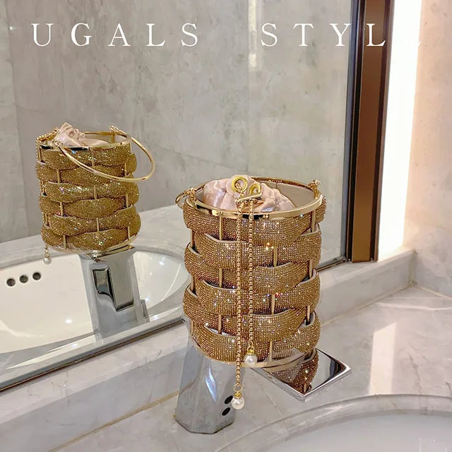 Woven Rhinestone Bucket Bag Woven Clutch Bags Women Boutique Multicolor Crystal Hollow Out Metal Purses And Handbags Wedding - V.I.P Digital Presence