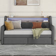 Twin Size Daybed with Storage Drawers, Upholstered Daybed with Charging Station and LED Lights, Gray - V.I.P Digital Presence
