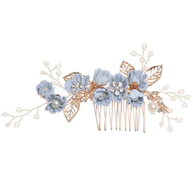 Luxury Blue Flower Hair Combs Headdress Prom Bridal Wedding Hair Accessories Gold Leaves Hair Jewelry Hair Pins - V.I.P Digital Presence