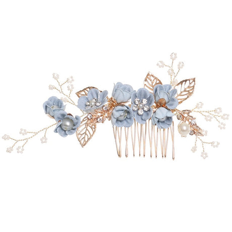 Luxury Blue Flower Hair Combs Headdress Prom Bridal Wedding Hair Accessories Gold Leaves Hair Jewelry Hair Pins - V.I.P Digital Presence