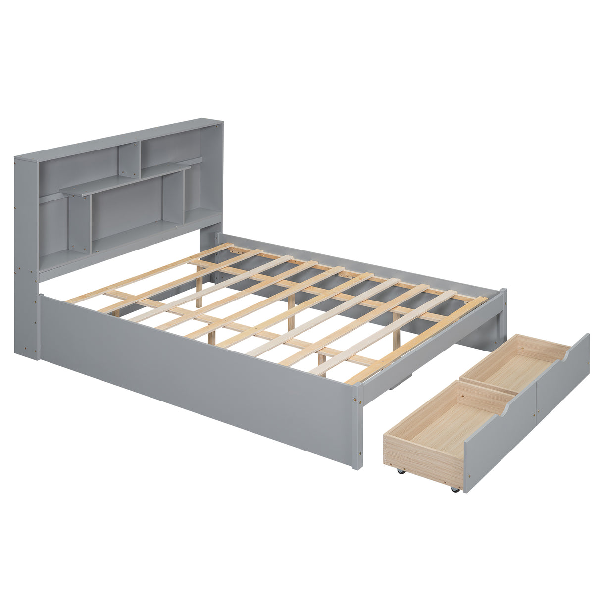 Queen Size Platform Bed with Storage Headboard and 2 Drawers, Gray - V.I.P Digital Presence