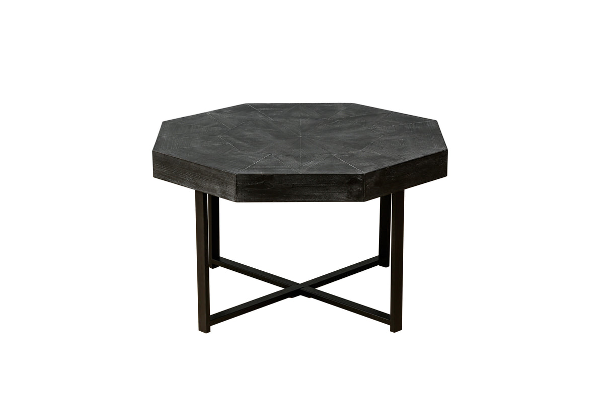 Wooden octagonal retro patchwork craft 30 inch wooden tabletop cross metal leg coffee table (Antique Black) - V.I.P Digital Presence