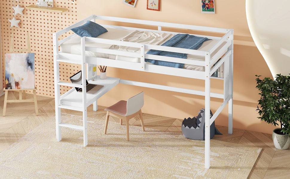 Twin Loft Bed with built-in desk and bookcase of three compartments, Guardrails and Ladder,White - V.I.P Digital Presence