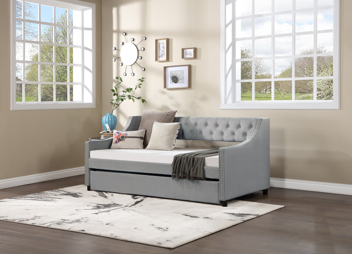 Twin Size Upholstered Daybed with Trundle Sturdy Wood Bedframe w/ Bedframe Tufted Button & Copper Nail on Arms Design - V.I.P Digital Presence