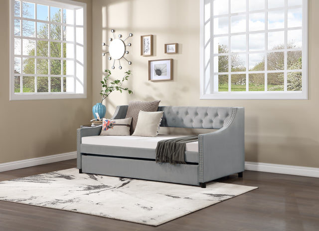 Twin Size Upholstered Daybed with Trundle Sturdy Wood Bedframe w/ Bedframe Tufted Button & Copper Nail on Arms Design - V.I.P Digital Presence