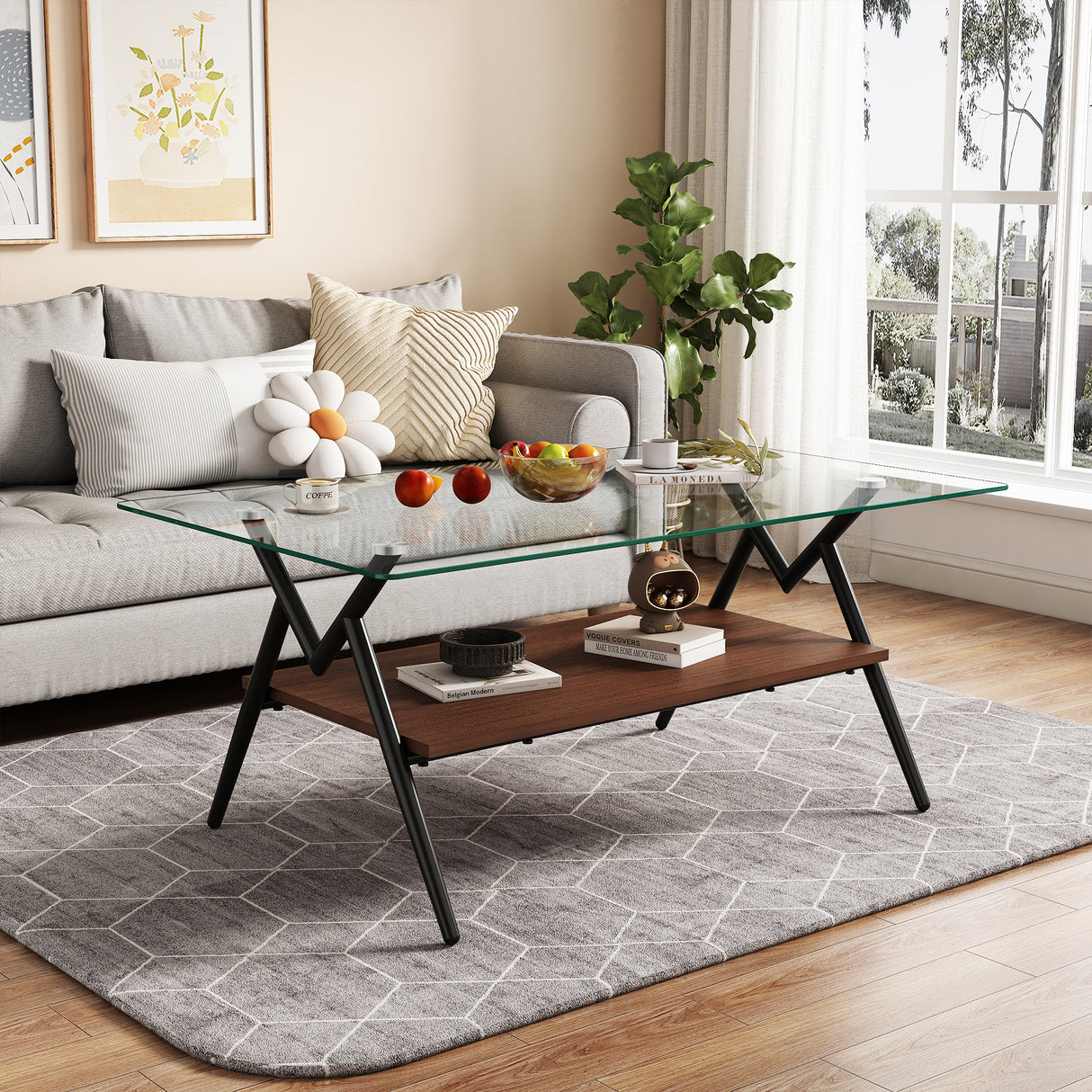 Rectangle Coffee Table with Tempered Glass top and Black Metal Legs, Modern Table for Living Room , Transparent Glass - V.I.P Digital Presence