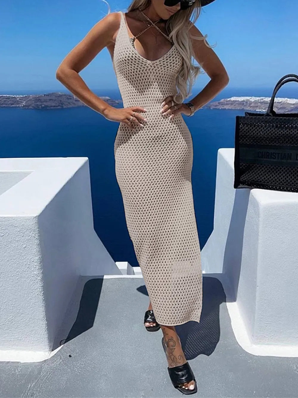 Slit Openwork V-Neck Sleeveless Cover Up - V.I.P Digital Presence