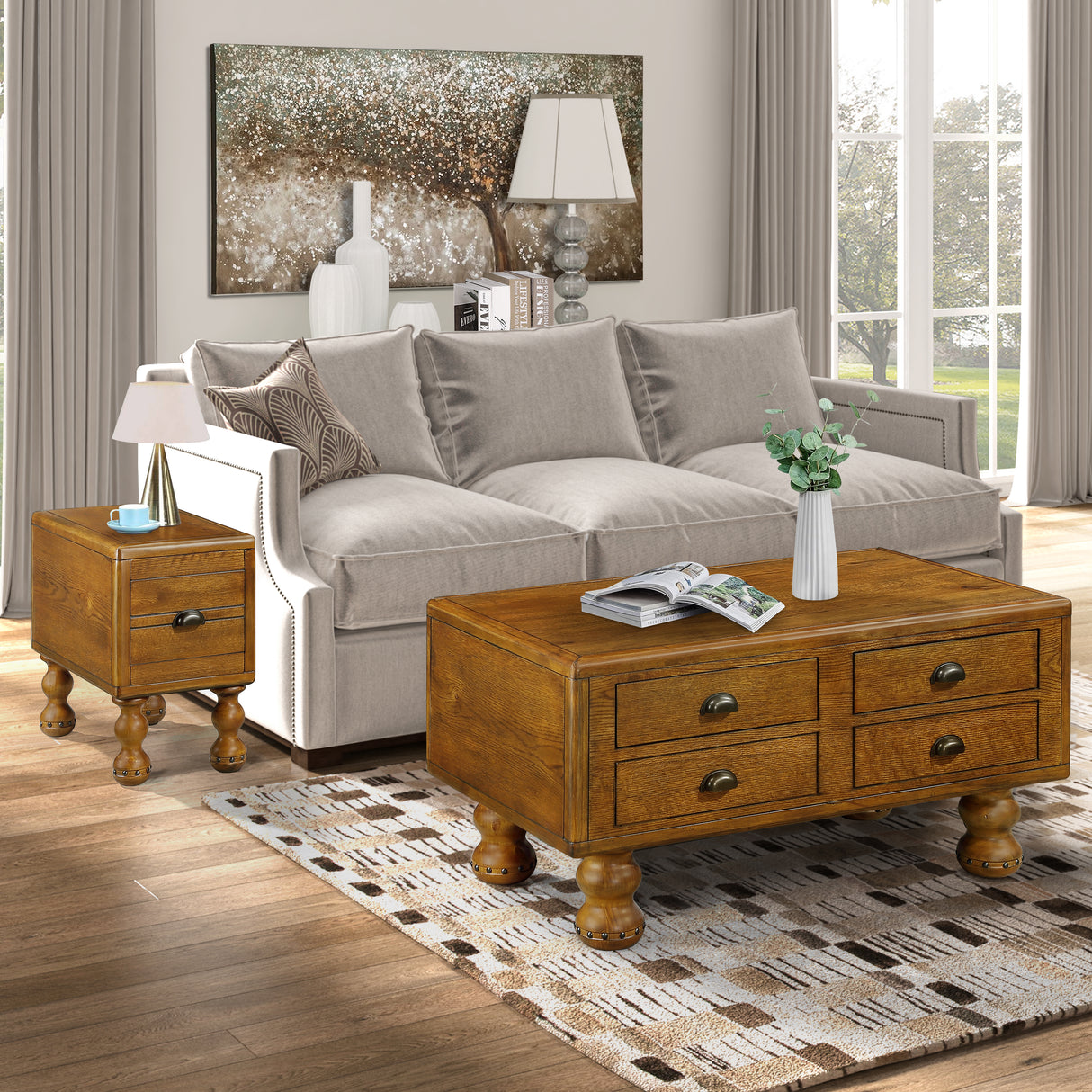 Solid wood end table, rectangular 23.6 inch narrow edge table with drawers, vintage bedside table， Antique Brown - V.I.P Digital Presence