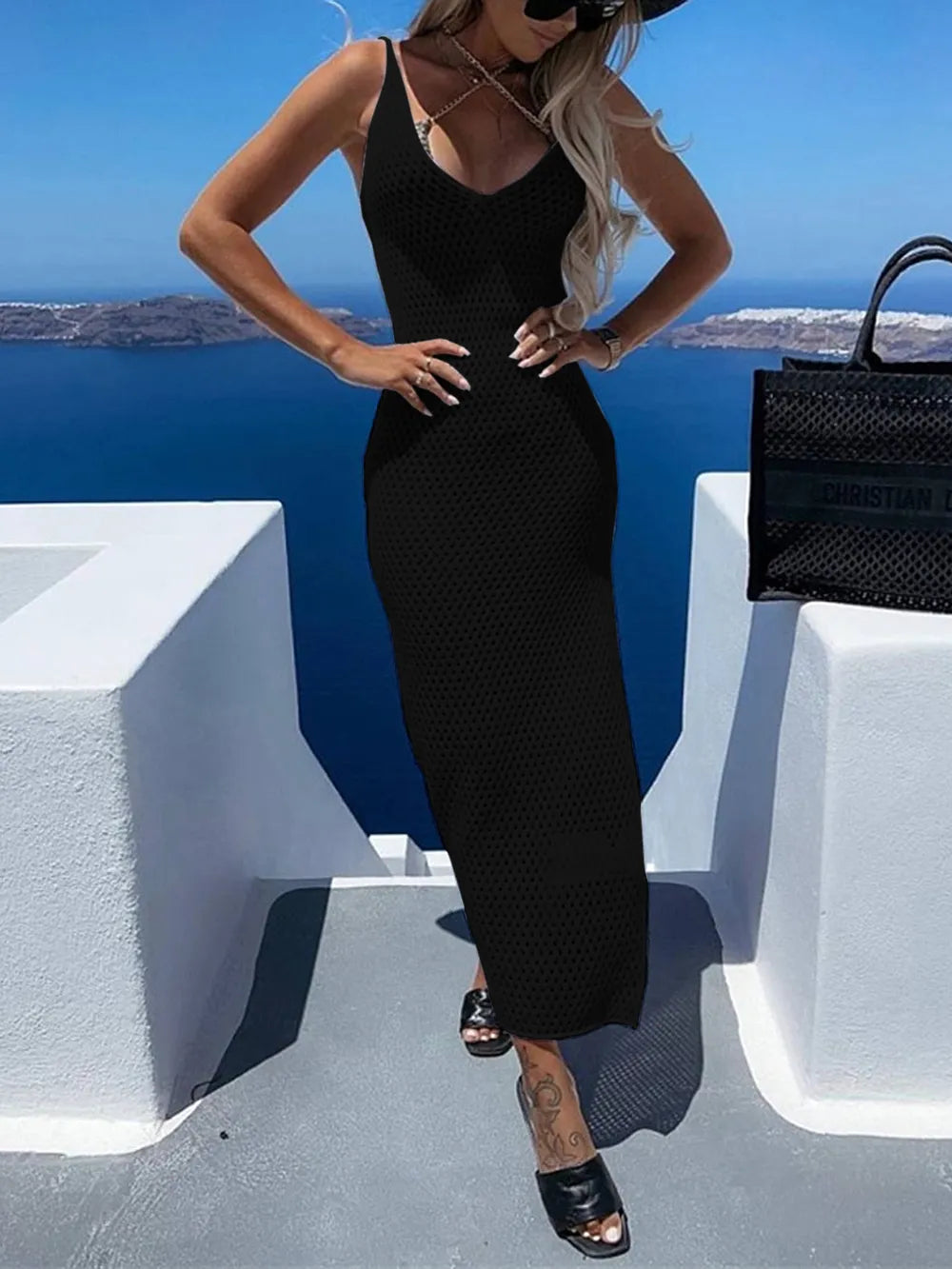 Slit Openwork V-Neck Sleeveless Cover Up - V.I.P Digital Presence