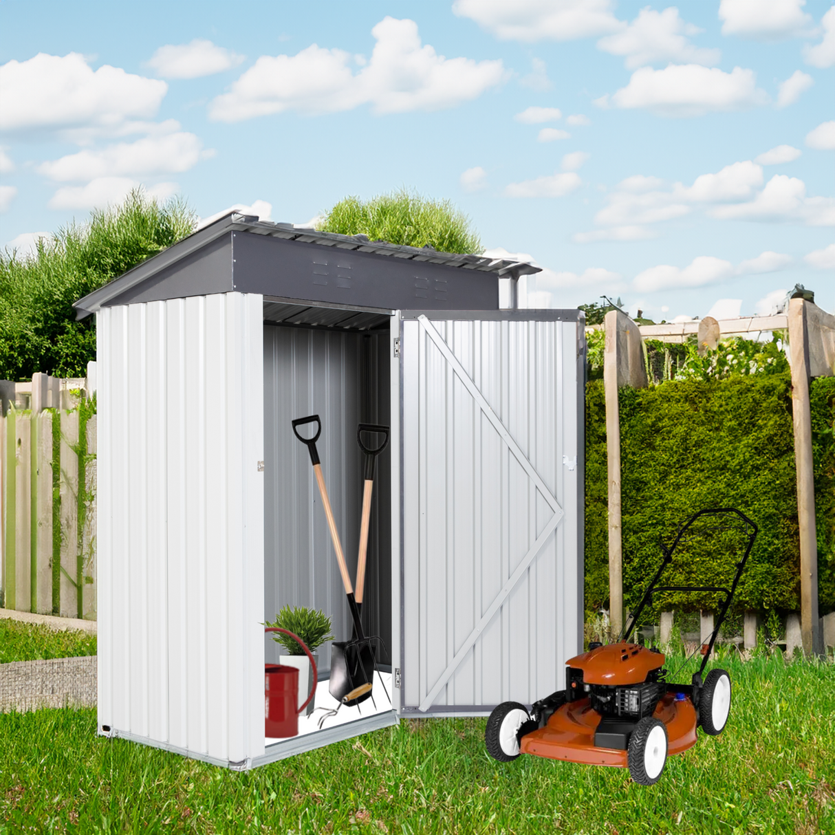 XWT016 Garden Metal Storage Lifter Shed Gray White 5x3x6ft outdoor storing tools Rainproof Hinge door version - V.I.P Digital Presence