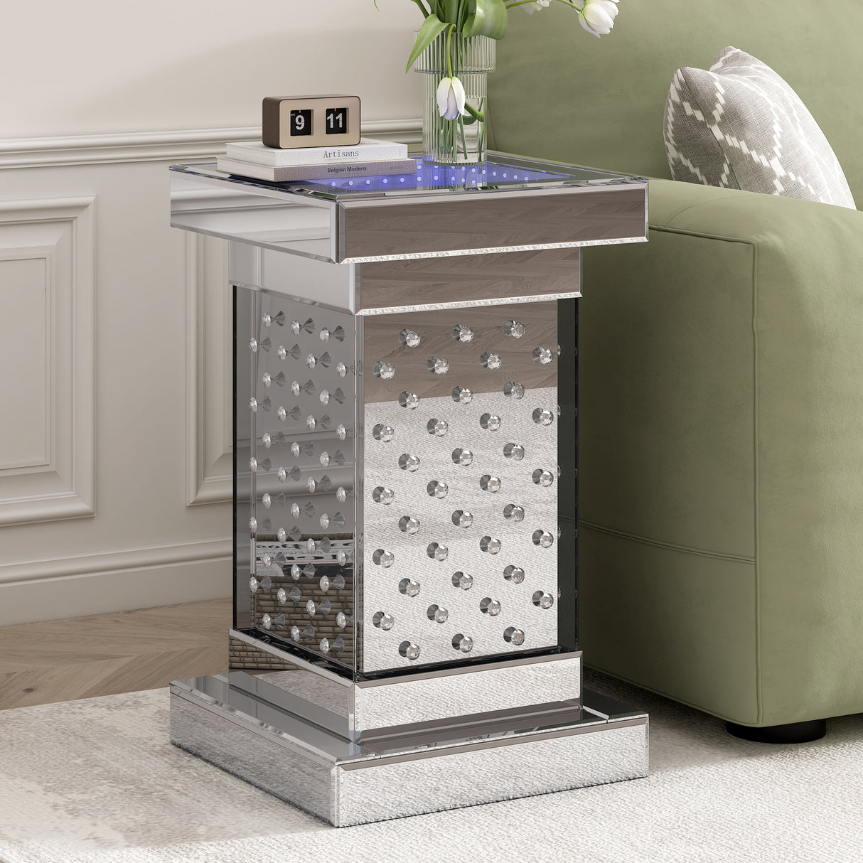 U-Can 11.8-inch silver square mirror coffee table with LED lights, modern crystal inlaid side table, no assembly required - V.I.P Digital Presence