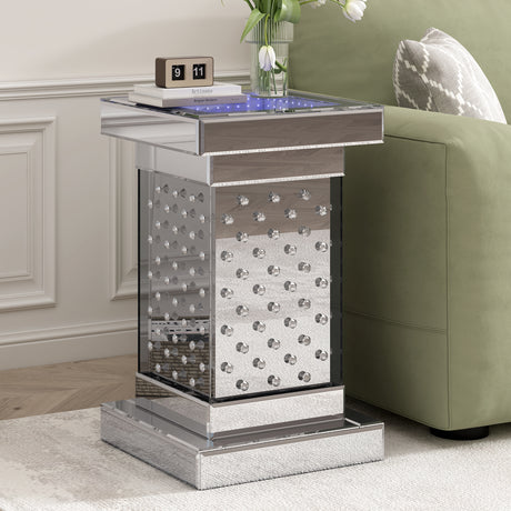 U-Can 11.8-inch silver square mirror coffee table with LED lights, modern crystal inlaid side table, no assembly required - V.I.P Digital Presence