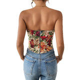 Retro strapless floral print slim fit new lace up chest hugging niche vest - V.I.P Digital Presence