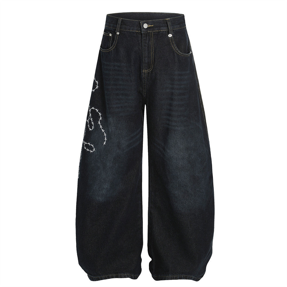 Streetwear High Street Letter Print Slash Denim Trousers Men's Work Pants Washed Vintage Loose Wide Leg Floor-Length Pants - V.I.P Digital Presence