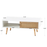 41.34" Rattan Coffee table sliding door for storage solid wood legs White - V.I.P Digital Presence