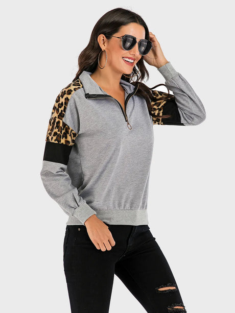 Contrast Leopard Half Zip Long Sleeve Sweatshirt - V.I.P Digital Presence