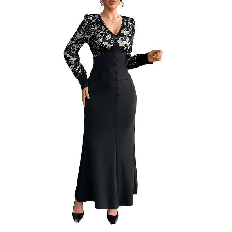 Sexy Retro Lace Splicing Long Sleeve V-neck Dress for Evening and Date - V.I.P Digital Presence
