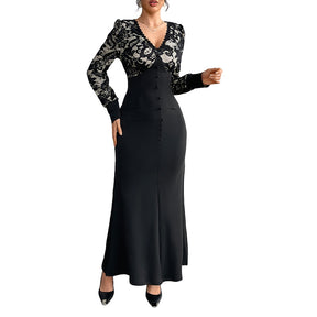 Sexy Retro Lace Splicing Long Sleeve V-neck Dress for Evening and Date - V.I.P Digital Presence