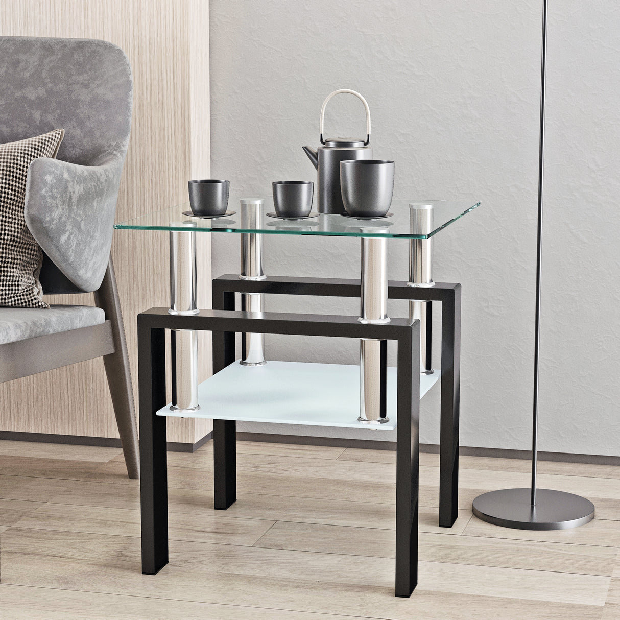 1-Piece Modern Tempered Glass Tea Table Coffee Table End Table, Square Table for Living Room, Transparent/Black - V.I.P Digital Presence