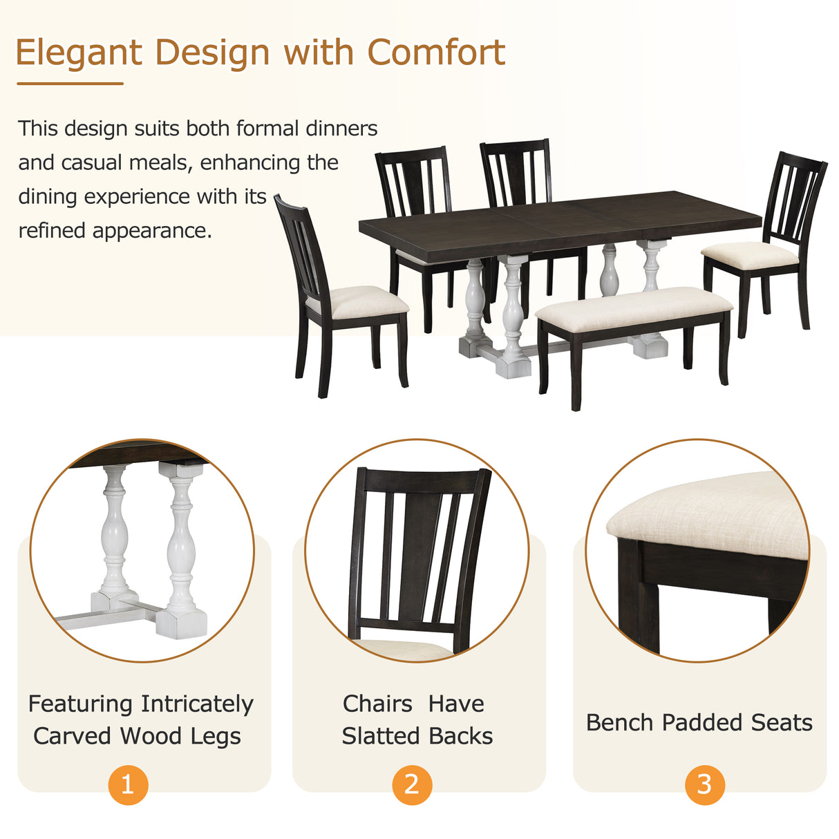 Traditional 6-Piece 78inch Trestle Extendable Dining Table Set with One 18inch Removable Leaf Distressed White - V.I.P Digital Presence