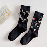 Summer and Spring European Luxury Love Diamond Black Chain Middle Tube Stacked Socks - V.I.P Digital Presence