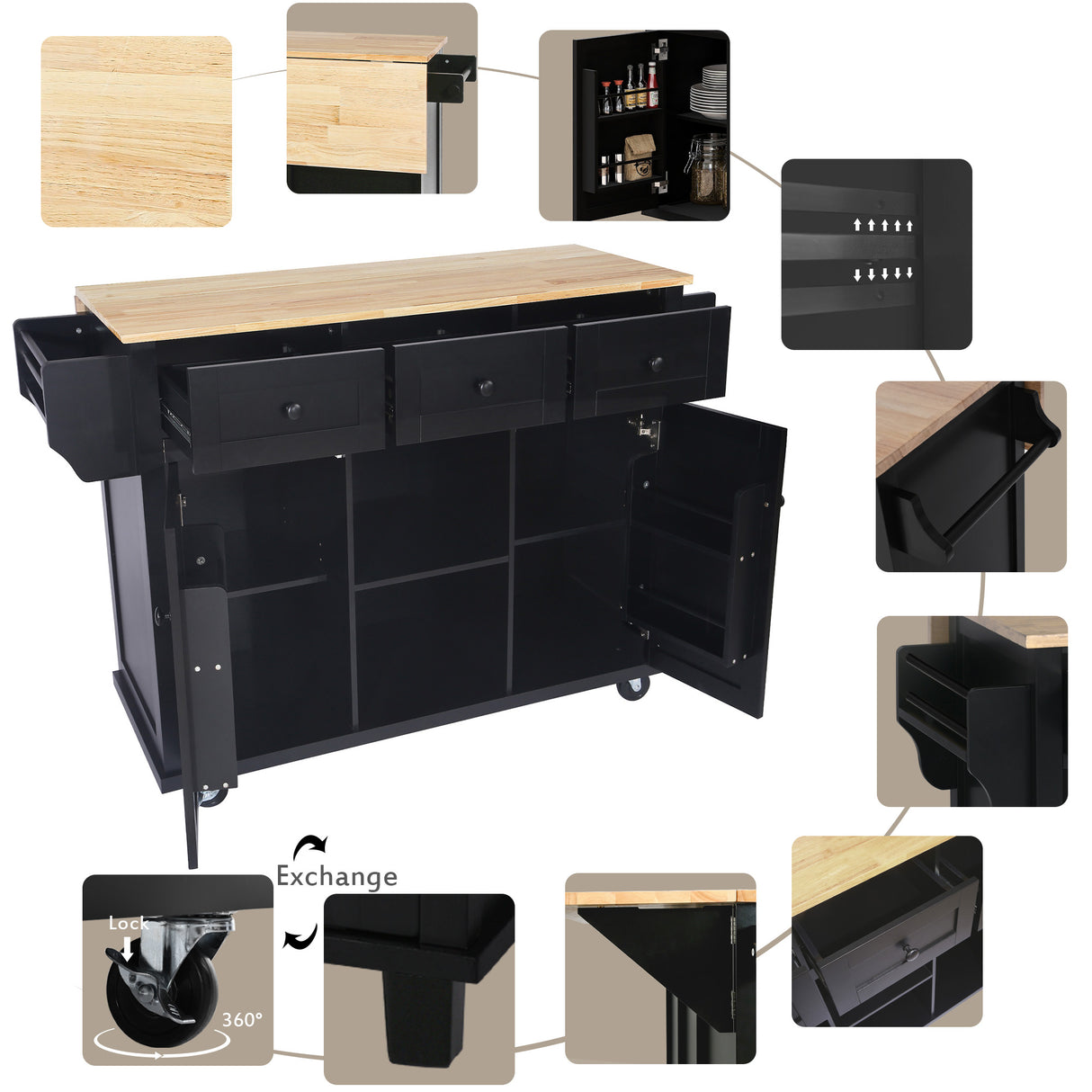 Kitchen trolley with rubber wood leaf countertop, 5-wheel kitchen island, storage cabinet and 3 dining drawers, black - V.I.P Digital Presence