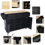 Kitchen trolley with rubber wood leaf countertop, 5-wheel kitchen island, storage cabinet and 3 dining drawers, black - V.I.P Digital Presence