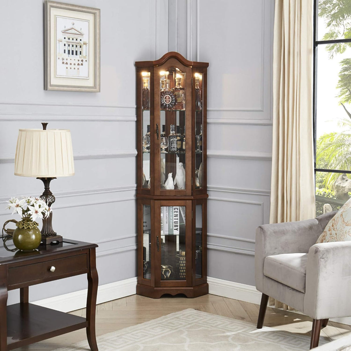 Corner Curio cabinet, adjustable tempered glass frame, rearview mirror, display cabinet, walnut wood (excluding E26 bulbs) - V.I.P Digital Presence