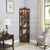 Corner Curio cabinet, adjustable tempered glass frame, rearview mirror, display cabinet, walnut wood (excluding E26 bulbs) - V.I.P Digital Presence