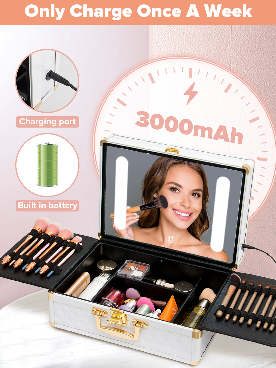 Portable makeup case, travel makeup bag with LED mirror, locked makeup storage box, brush holder, divider, rechargeable, white - V.I.P Digital Presence