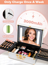 Portable makeup case, travel makeup bag with LED mirror, locked makeup storage box, brush holder, divider, rechargeable, white - V.I.P Digital Presence