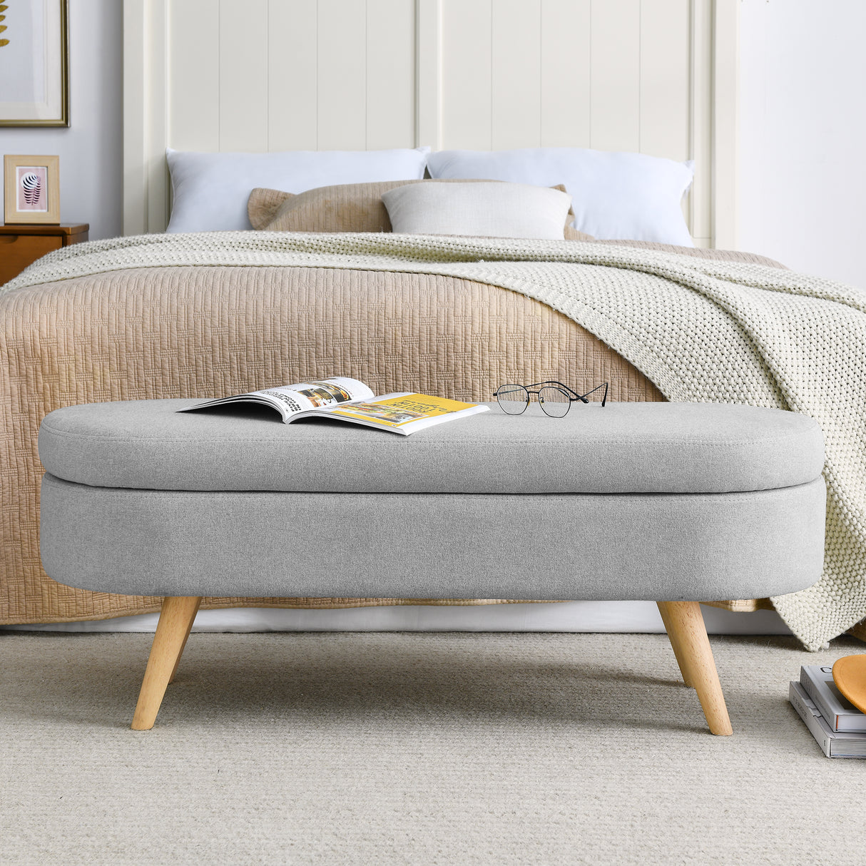 Ottoman Oval Storage Bench Rubber Wood Legs Grey(43.5"x16"x16")