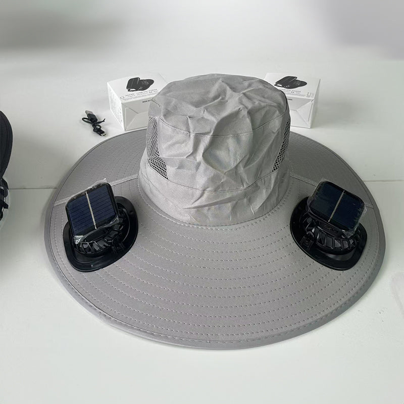 Solar fan hat: wide - brim bucket hat with 2 solar fans, men’s summer cap for outdoor fishing, camping, hiking. - V.I.P Digital Presence