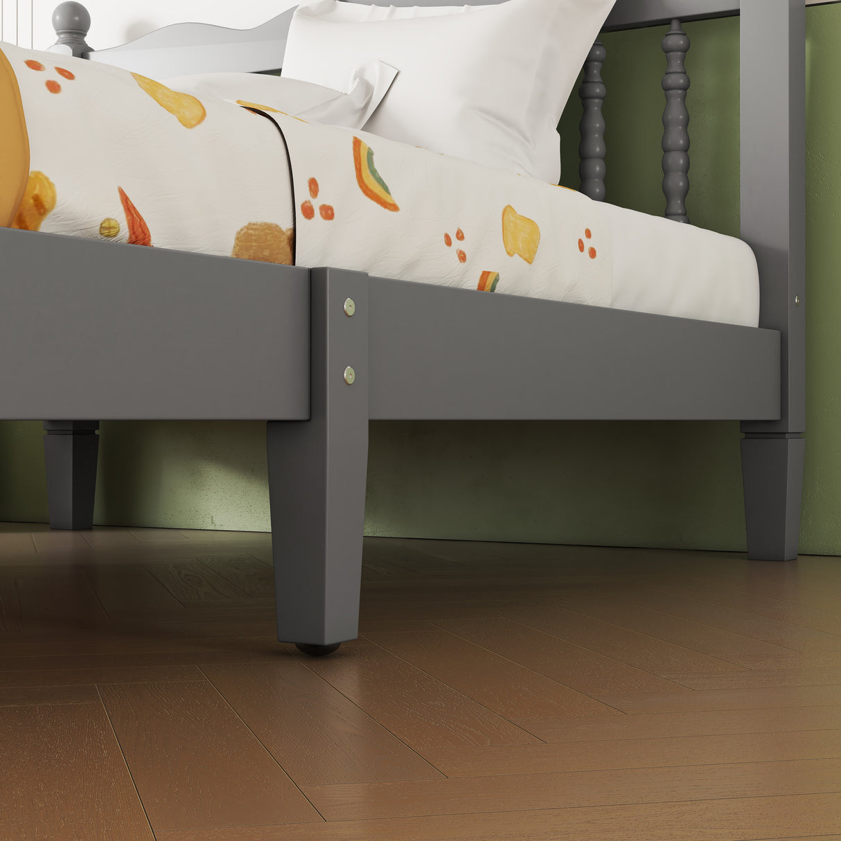 Twin Bed with Column-Decoration Headboard, with Bed Slats,Grey - V.I.P Digital Presence
