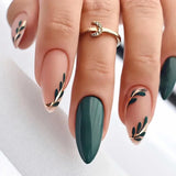 Almond Fake Nails with Green Leaves Design Elliptic Acrylic False Nails Wearable French Press on Nail Manicure Tips - V.I.P Digital Presence