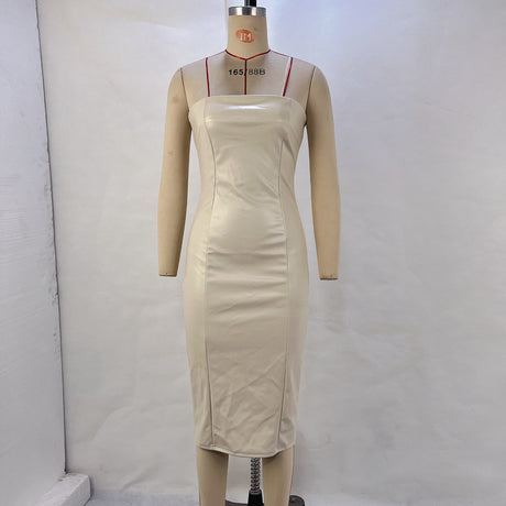 Women's Solid Color PU Leather Sexy Strapless Waist-Cinching Bodycon Dress - V.I.P Digital Presence