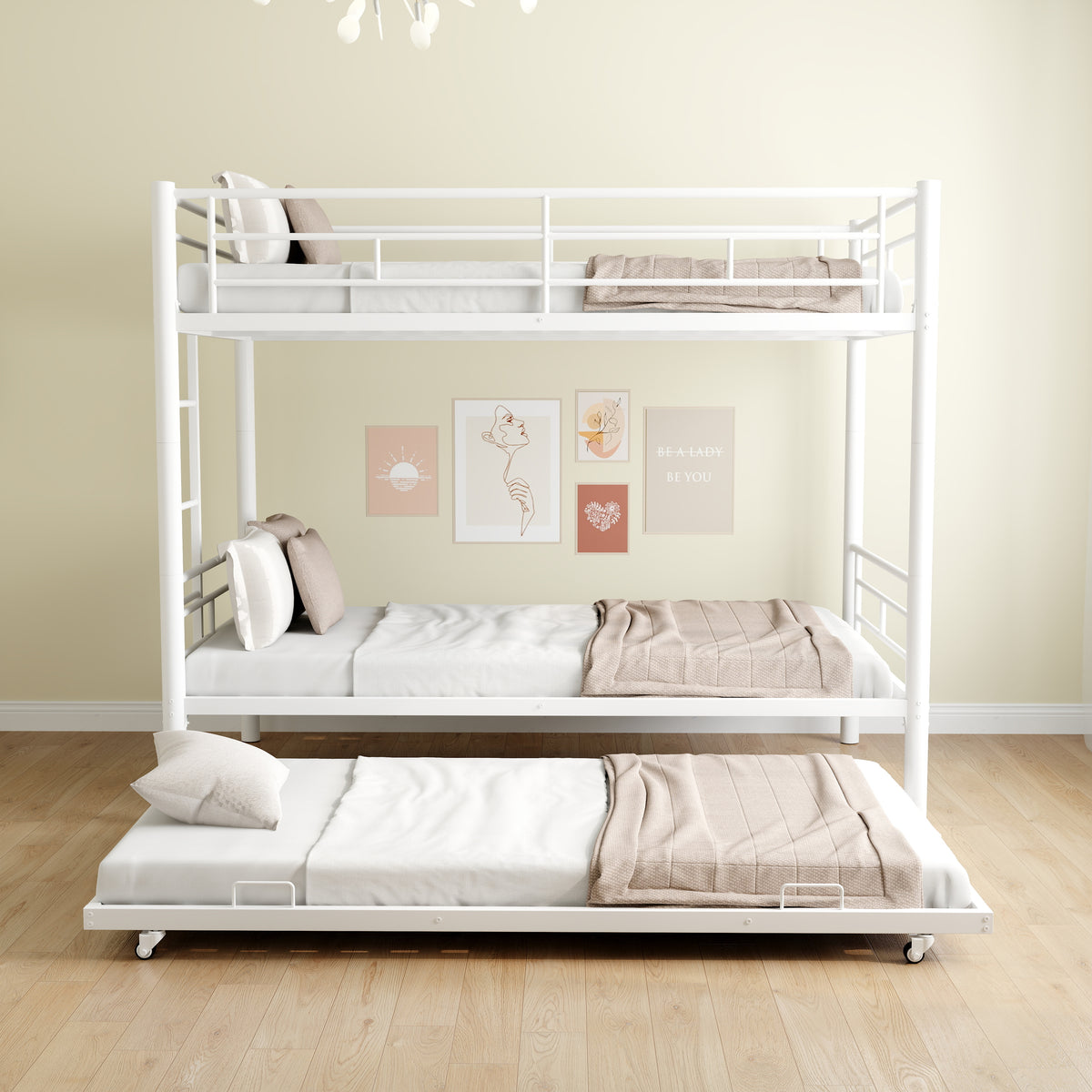 Heavy-duty Sturdy Meta Twin over Twin with Trundle Bunk Bed/l/ Noise Reduced/ Safety Guardrail/No Box Spring Needed,White - V.I.P Digital Presence