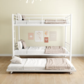 Heavy-duty Sturdy Meta Twin over Twin with Trundle Bunk Bed/l/ Noise Reduced/ Safety Guardrail/No Box Spring Needed,White - V.I.P Digital Presence